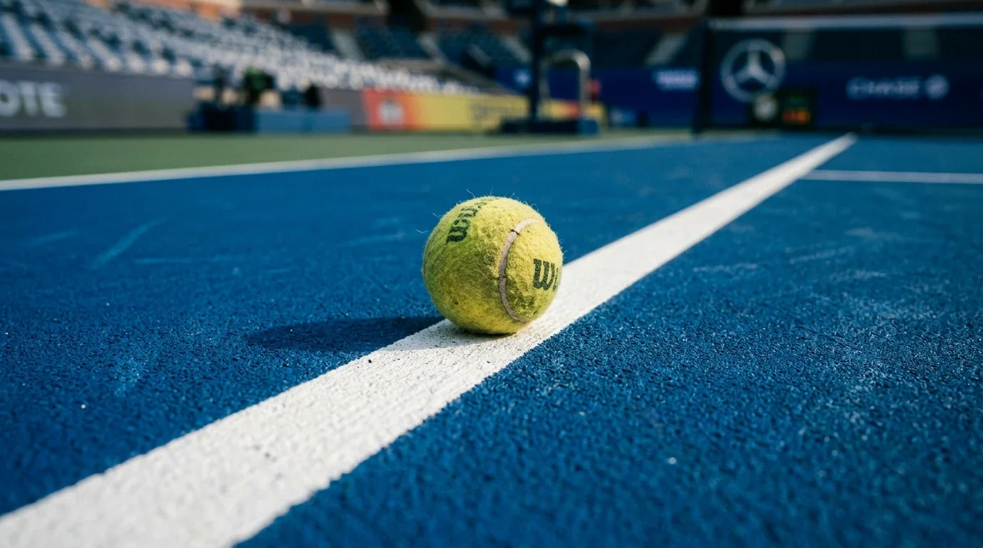 Superficie GreenSet de color azul con líneas blancas y pelota de tenis sobre la pista central