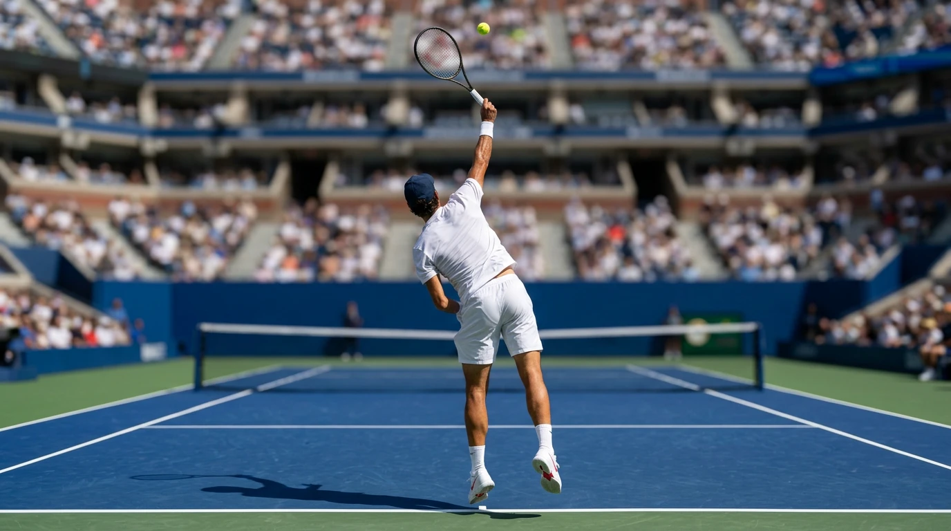 Tenista masculino ejecutando un saque sobre pista dura azul de un Grand Slam, visto desde detrás del fondo de pista